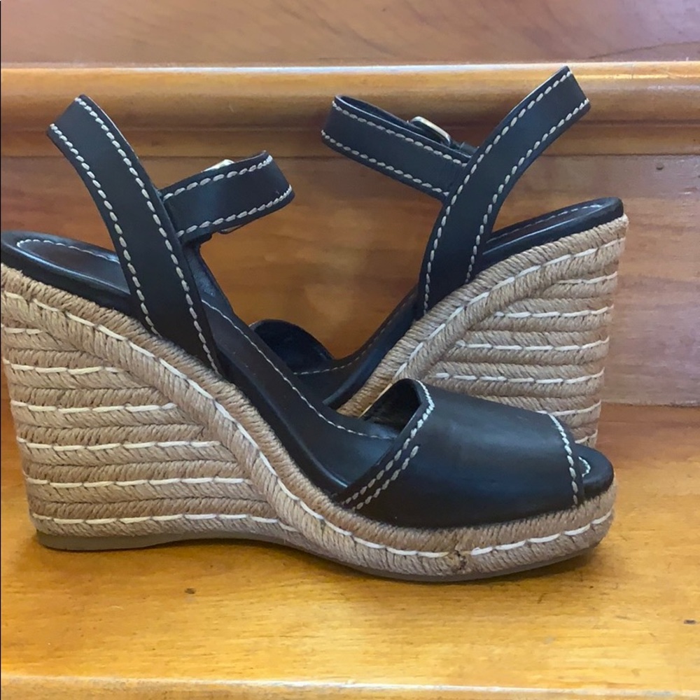 Prada Black Leather Wedge Espadrille Platforms 39